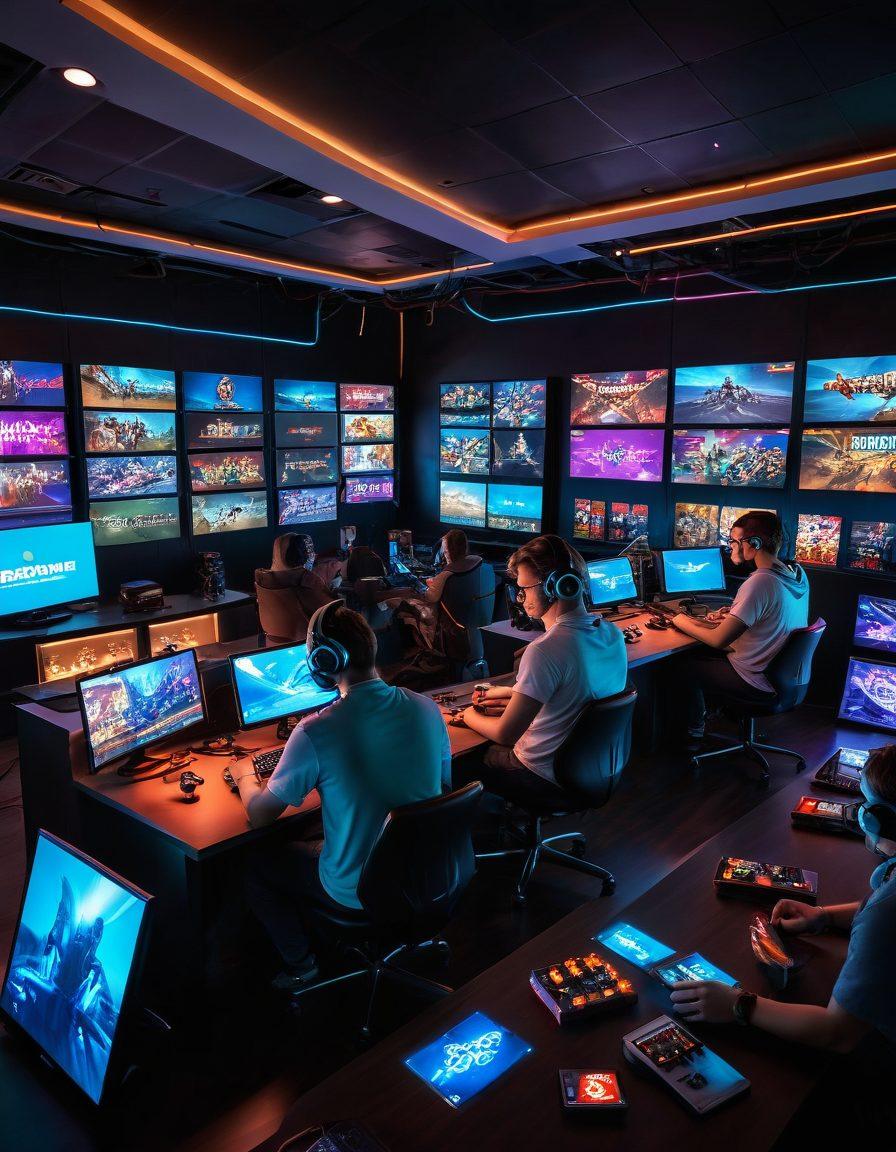A dynamic gaming scene featuring a diverse group of gamers intensely focused on their screens, surrounded by colorful, illuminated game paraphernalia. Display a mix of trending games' graphics in the background, with hints of strategy guides and tips floating around. Include elements like gaming consoles, headphones, and snacks to create a vibrant gaming atmosphere. neon colors. action-packed. super-realistic.