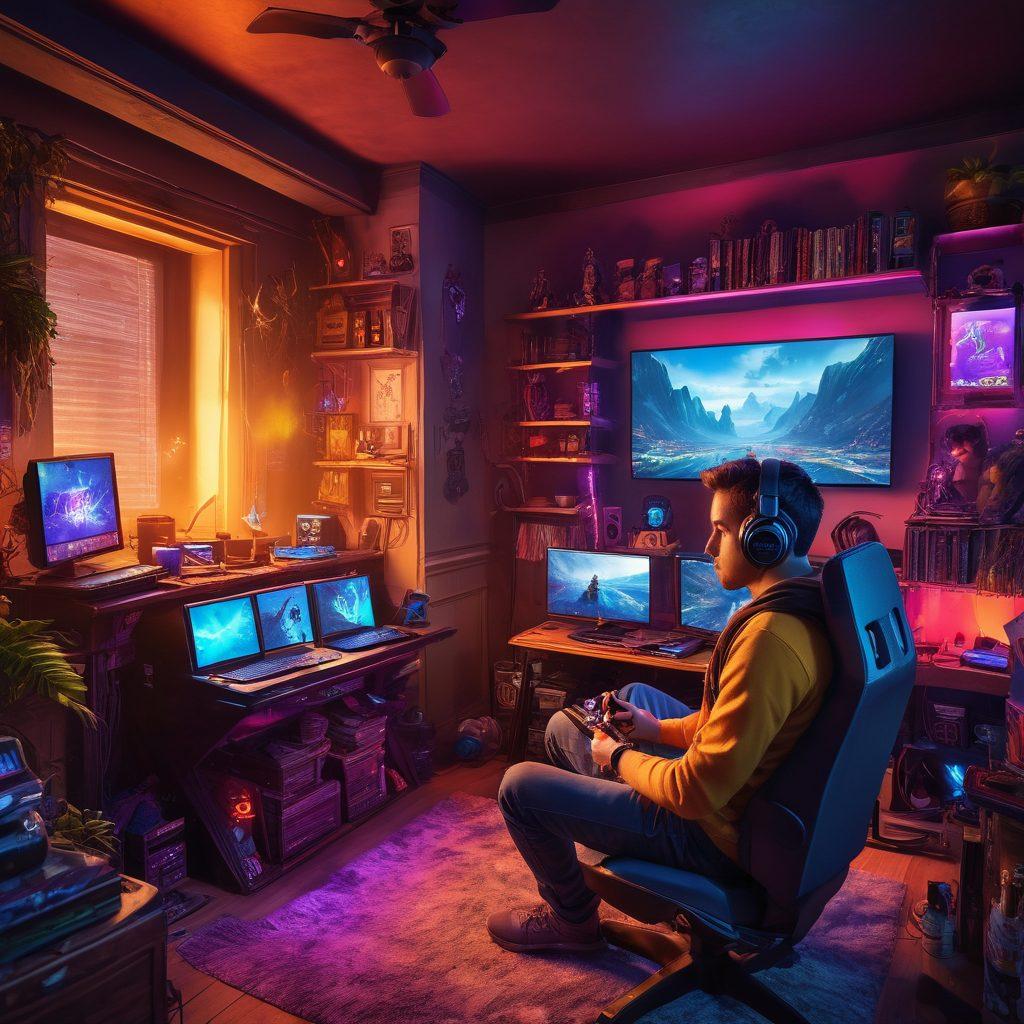 An adventurous gamer sitting in a cozy room, surrounded by multiple gaming consoles and monitors displaying various gameplay scenes. The atmosphere is filled with colorful LED lights, energy drinks, and gaming memorabilia, creating a vibrant and immersive experience. Incorporate a thoughtful expression as they strategize, with notes and tips scattered around. The background should blend hints of fantasy and futuristic elements to evoke the essence of gaming. vibrant colors. 3D. digital art.