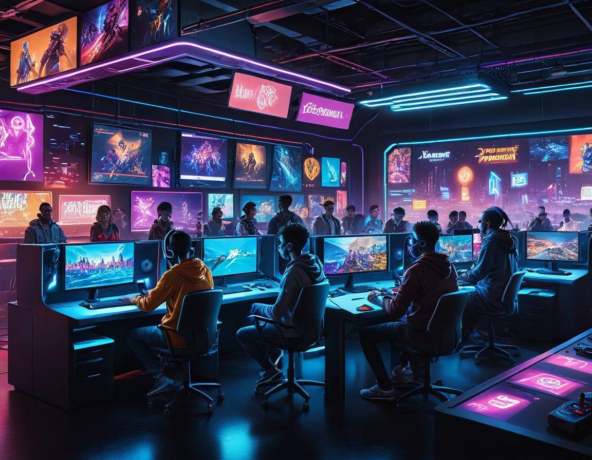 A diverse group of gamers collaborating in a vibrant, pixelated virtual world, each engaged with colorful interactive strategies, gaming reviews, and dialogue bubbles popping up with tips and feedback. Include gaming consoles, computers, and snacks scattered around, with a dynamic, glowing landscape in the background. The scene is lively and inviting, exuding a sense of community and teamwork. ultra-realistic. vibrant colors. cyberpunk.